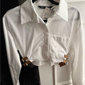 Zara White Cropped Button-Down Shirt with Buckle Accents